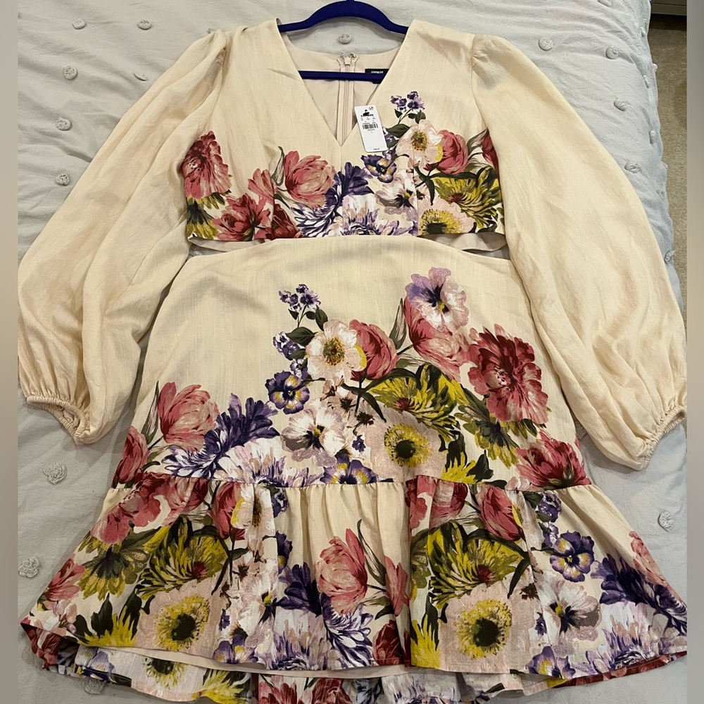 Express Floral V-Neck Long Puffy Sleeve Cutout Mini.  Size L. NWT